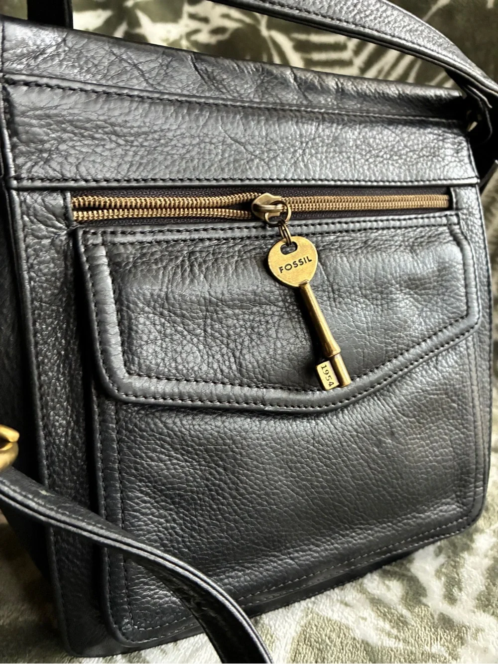 Fossil Black Leather Crossbody Bag with Brass Key Charm